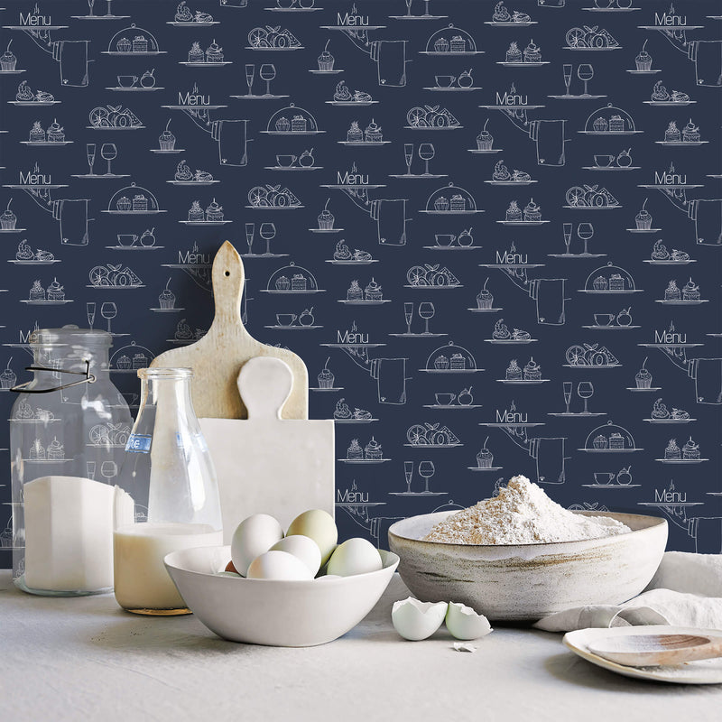 media image for Chalkboard Menu Navy Wallpaper from the Just Kitchens Collection by Galerie Wallcoverings 216