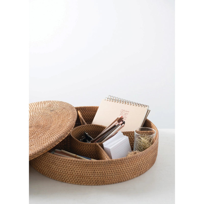 media image for hand woven rattan container with 5 sections and lid 4 278