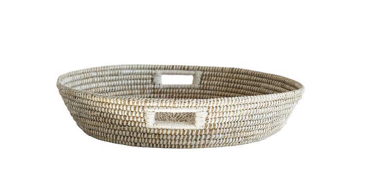 media image for Round Hand-Woven Grass Basket with Handles in Natural & White 285