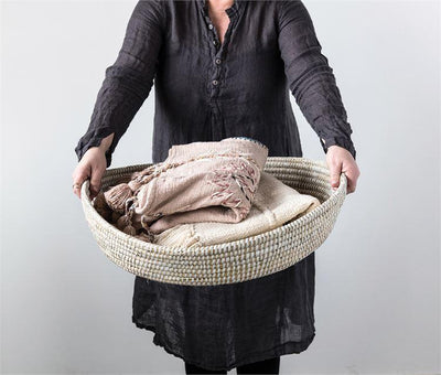 product image for Round Hand-Woven Grass Basket with Handles in Natural & White 76